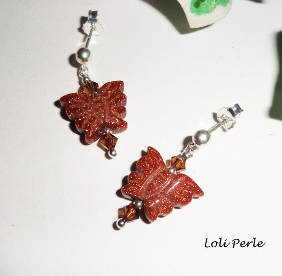 Brincos de ágata castanha e borboleta de cristal, prata 925