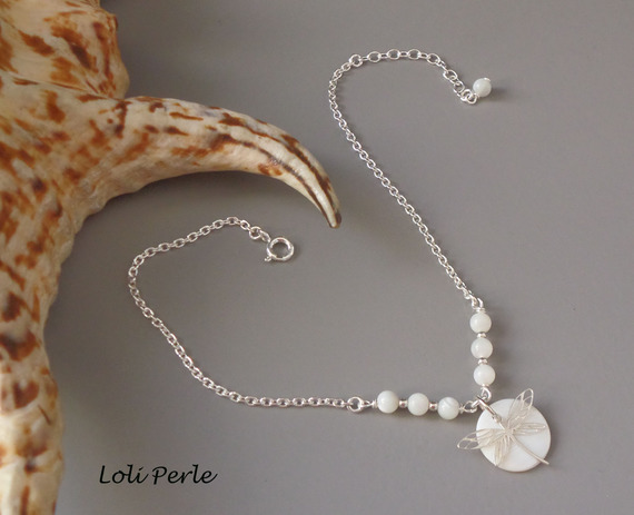 Pulseira original de prata 925/corrente de lenço com madrepérola e libélula