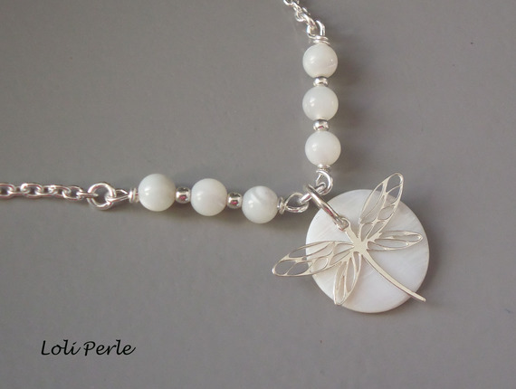 Pulseira original de prata 925/corrente de lenço com madrepérola e libélula