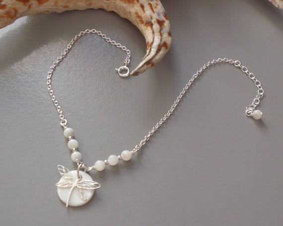 Pulseira original de prata 925/corrente de lenço com madrepérola e libélula