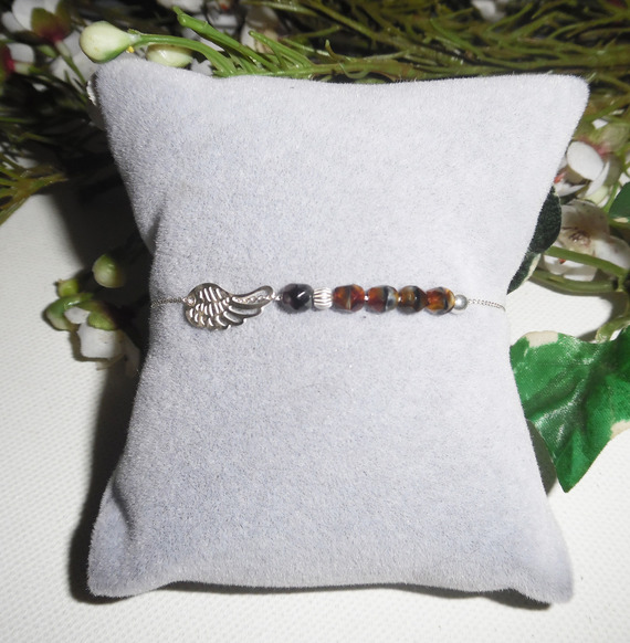 Asa original de cristal castanho e pulseira de missangas em corrente de prata 925