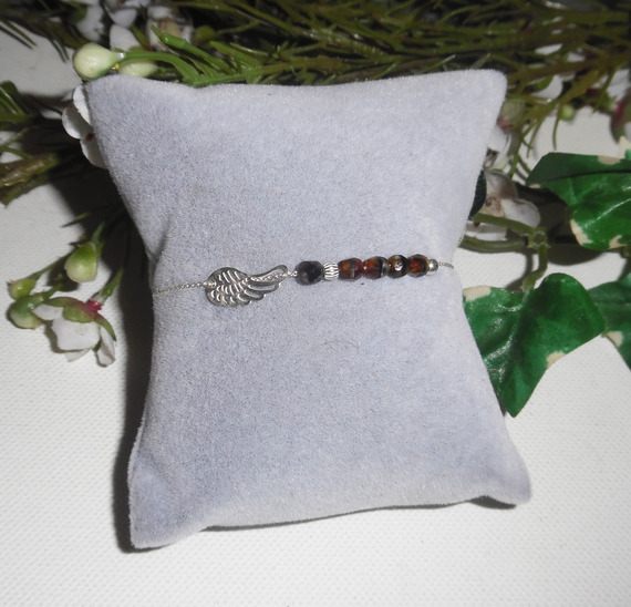 Asa original de cristal castanho e pulseira de missangas em corrente de prata 925