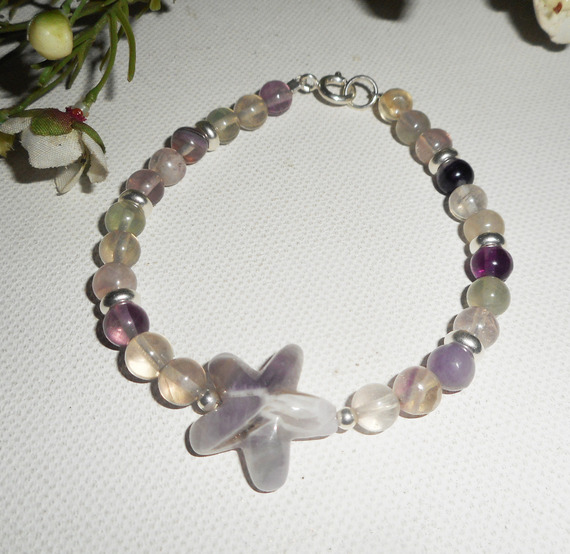 Pulseira de ametista e estrela de fluorite em prata 925
