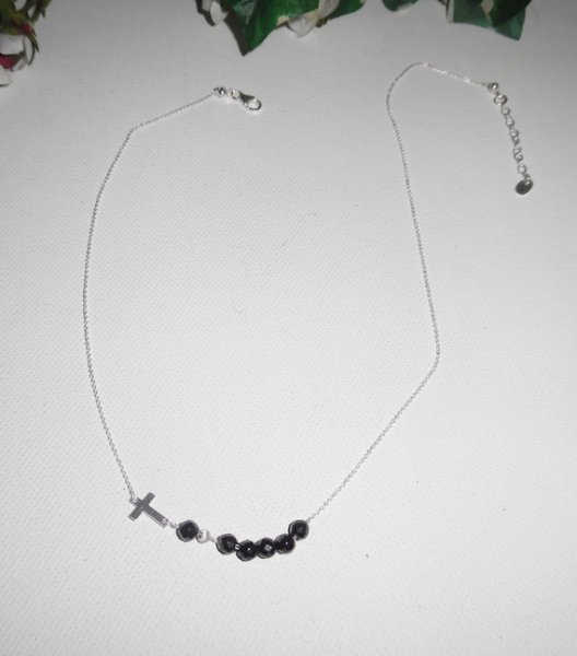 925 colar de gargantilha de prata com cruz e contas de cristal preto