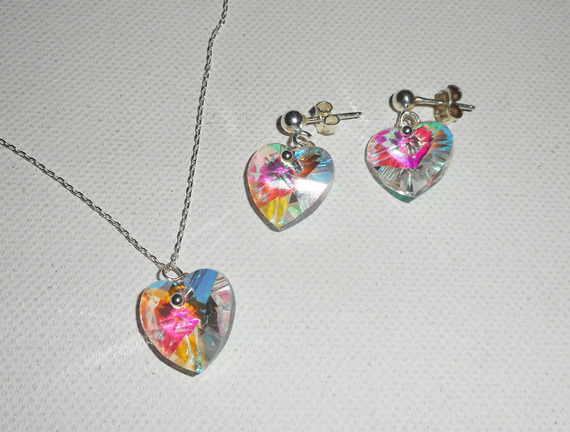 Conjunto Pingente de coração branco AB com cristal Swarovski sobre corrente de prata 925