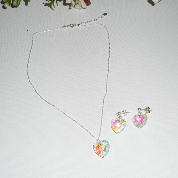 Conjunto Pingente de coração branco AB com cristal Swarovski sobre corrente de prata 925