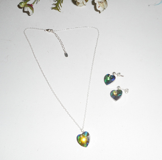 Conjunto Pingente coração verde com cristal Swarovski sobre corrente de prata 925