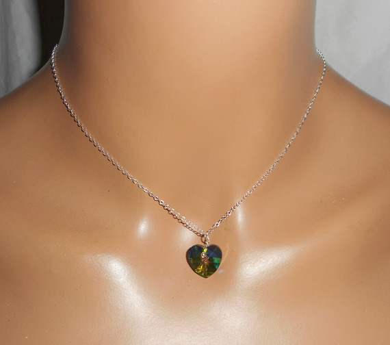 Conjunto Pingente coração verde com cristal Swarovski sobre corrente de prata 925