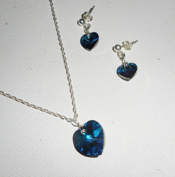 Conjunto Swarovski cristal azul coração pingente sobre corrente de prata 925