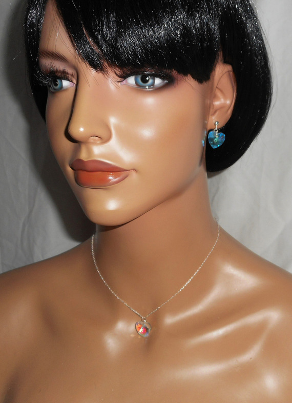 Conjunto Pingente de coração branco AB com cristal Swarovski sobre corrente de prata 925