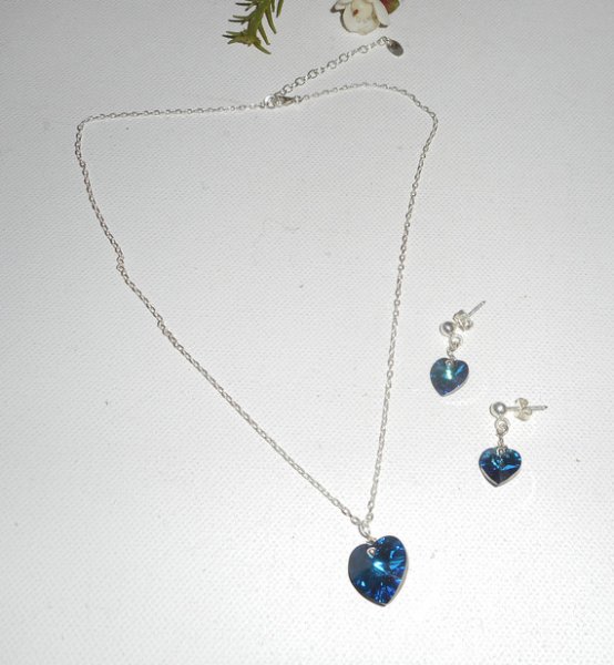 Conjunto Swarovski cristal azul coração pingente sobre corrente de prata 925