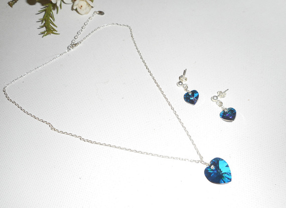 Conjunto Swarovski cristal azul coração pingente sobre corrente de prata 925