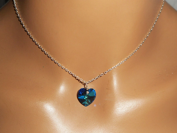 Conjunto Swarovski cristal azul coração pingente sobre corrente de prata 925