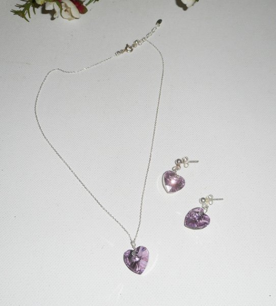 Conjunto de pingente coração roxo com cristal Swarovski sobre corrente de prata 925