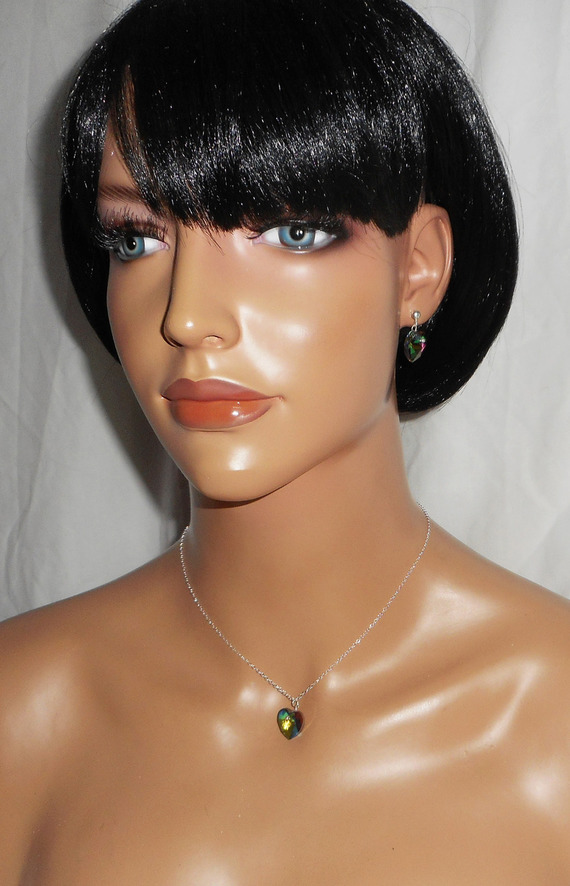 Conjunto Pingente coração verde com cristal Swarovski sobre corrente de prata 925