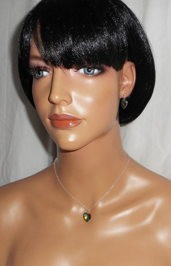 Conjunto Pingente coração verde com cristal Swarovski sobre corrente de prata 925