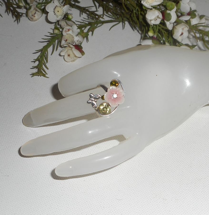 Anel original de prata 925 com flor rosa e cristal Swarovski
