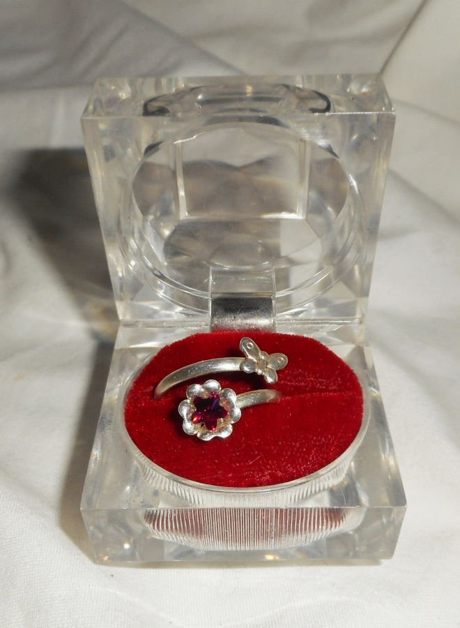 Anel original de prata 925 com flor de cristal e borboleta