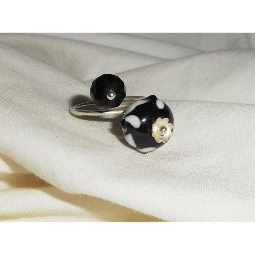 Anel original de prata 925 com pérola de trabalho de lâmpada e cristal preto