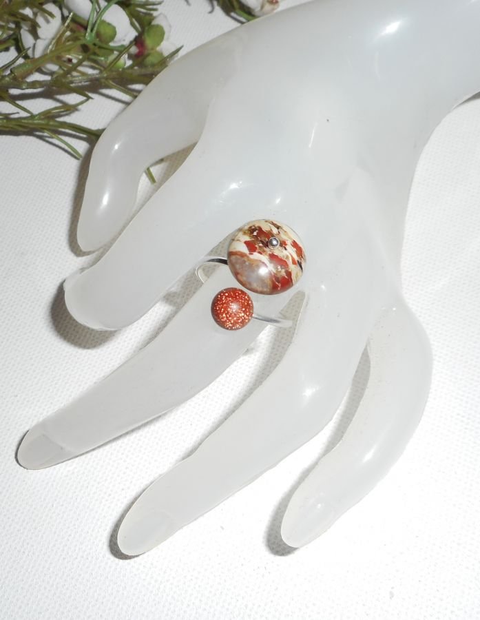 Anel Original 925 Sterling Silver Ring com Jasper Stone e Brown Agate