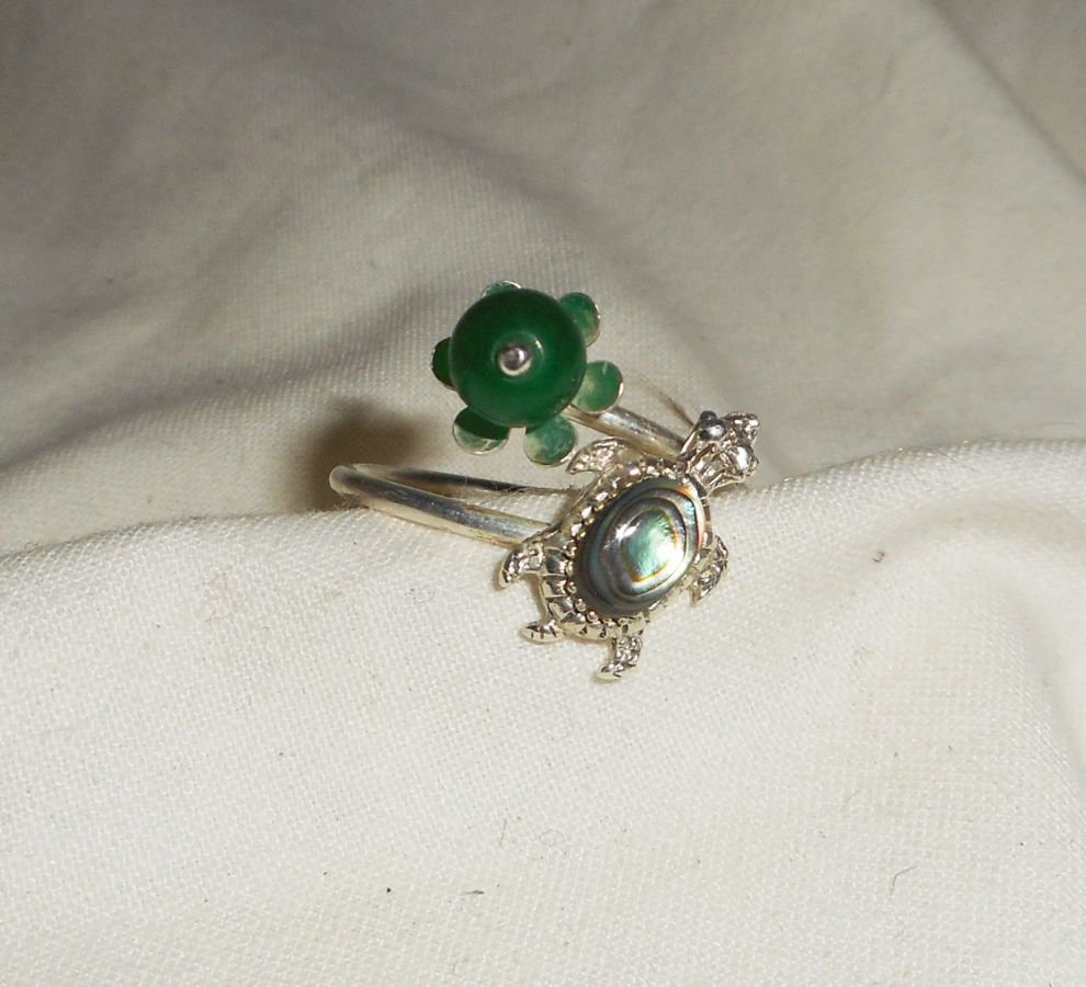 Anel original de prata 925 com tartaruga abalone e pedra de jade verde