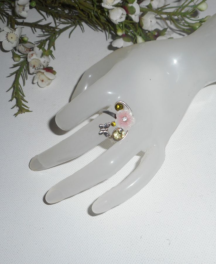 Anel original de prata 925 com flor rosa e cristal Swarovski