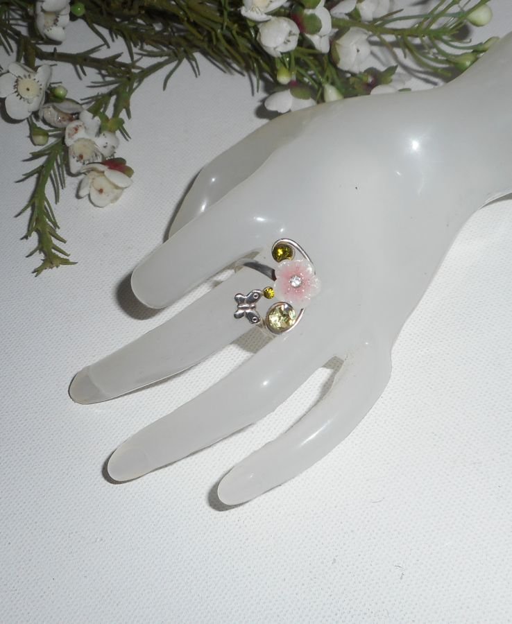 Anel original de prata 925 com flor rosa e cristal Swarovski