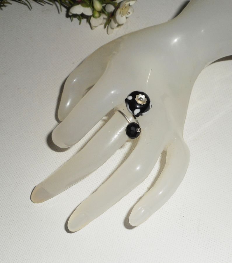 Anel original de prata 925 com pérola de trabalho de lâmpada e cristal preto