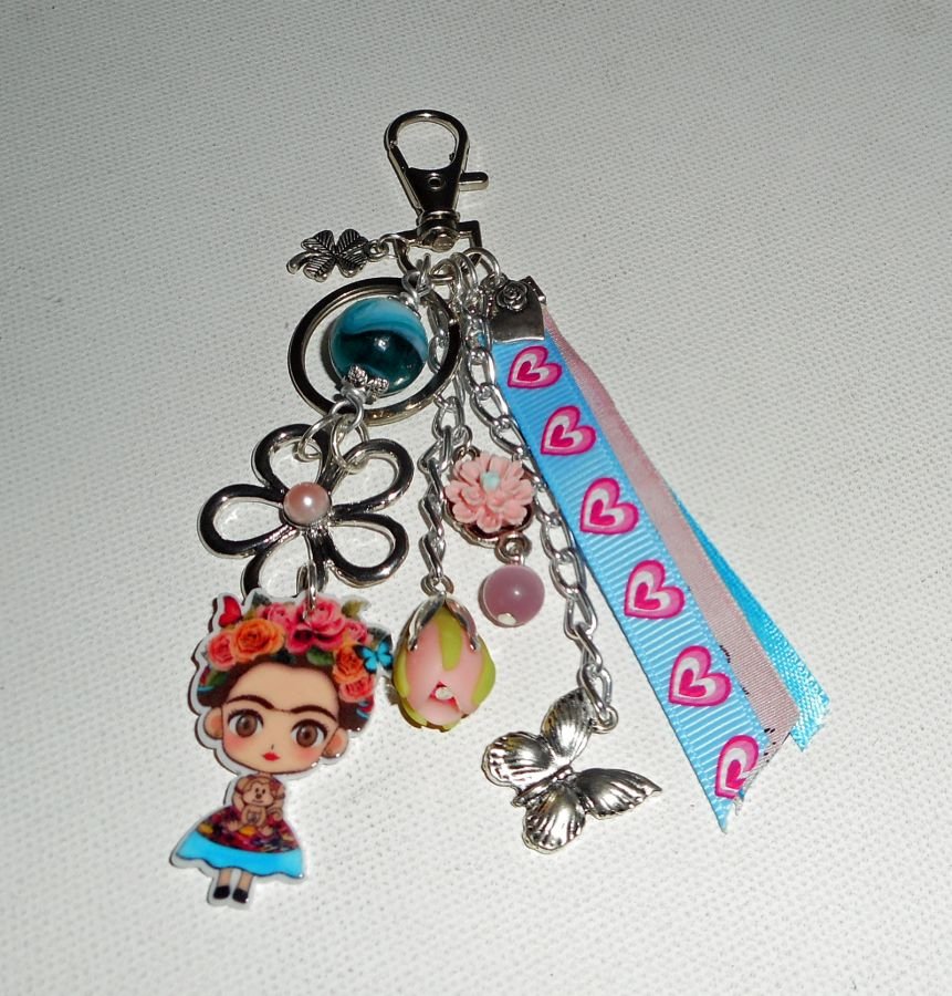 Frida rosa e azul saco/anel de chaves com flores e fitas