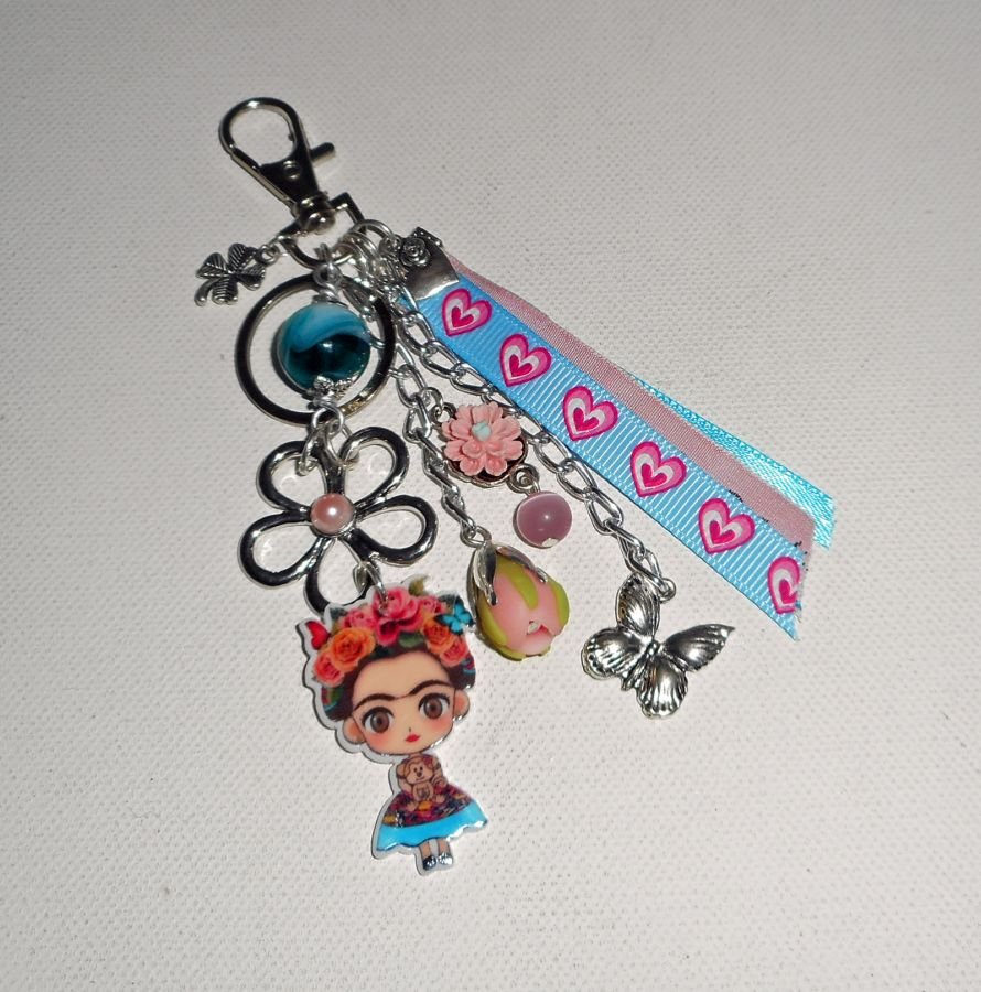 Frida rosa e azul saco/anel de chaves com flores e fitas