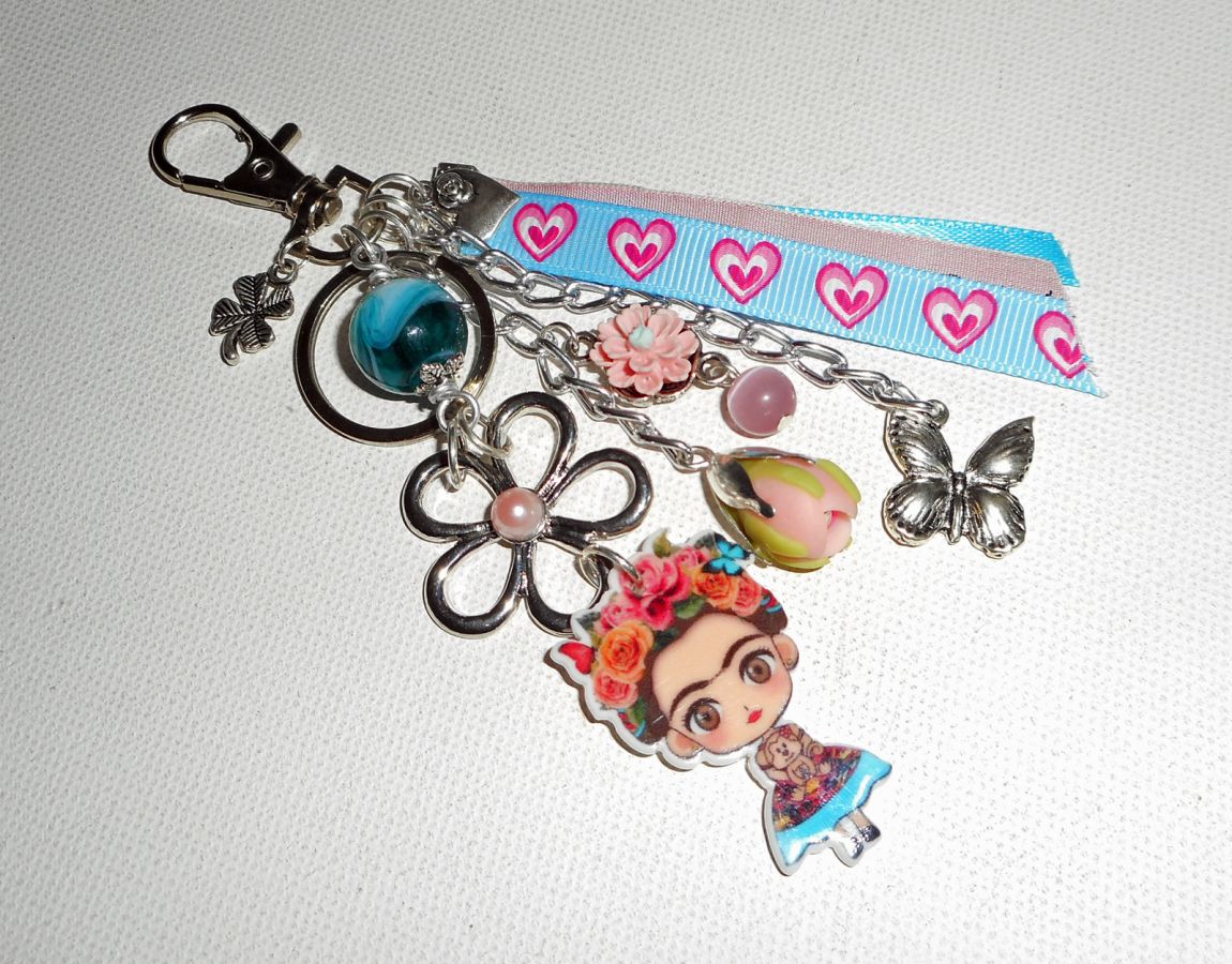 Frida rosa e azul saco/anel de chaves com flores e fitas