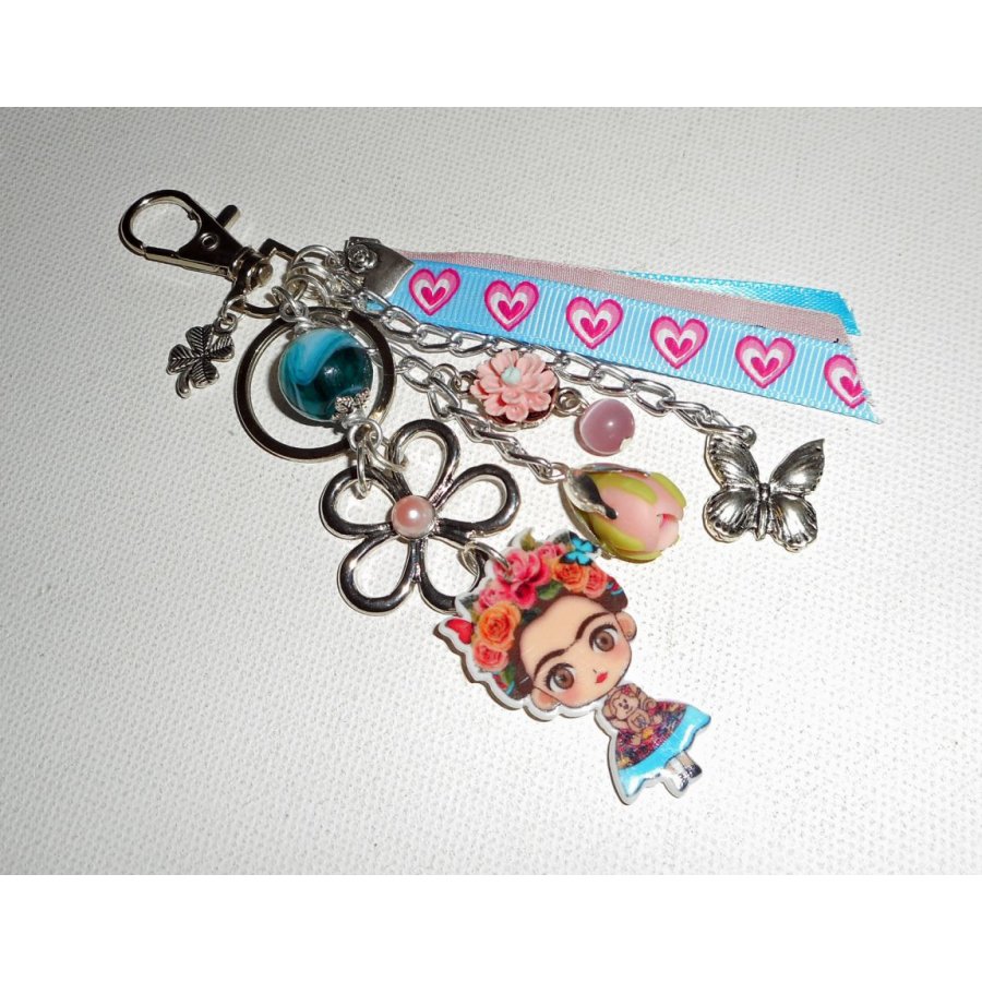 Frida rosa e azul saco/anel de chaves com flores e fitas