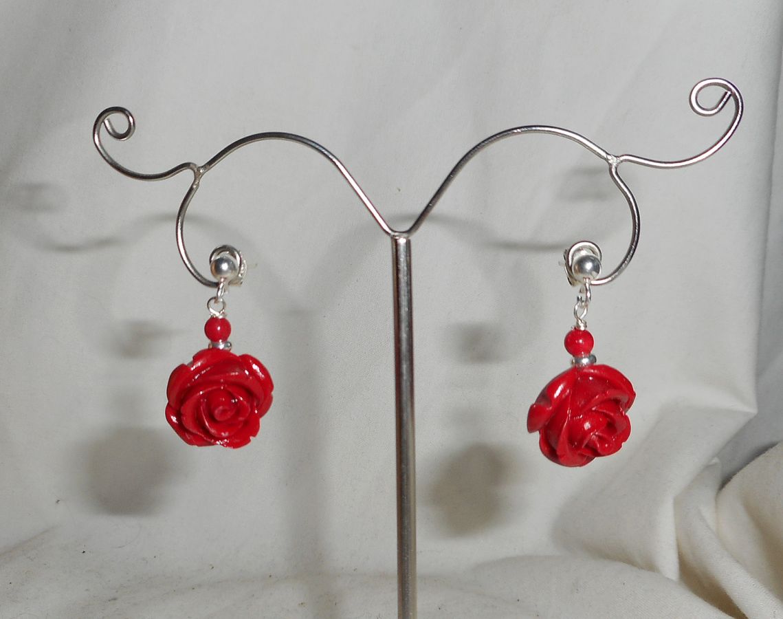 Brincos com rosas vermelhas, prata 925