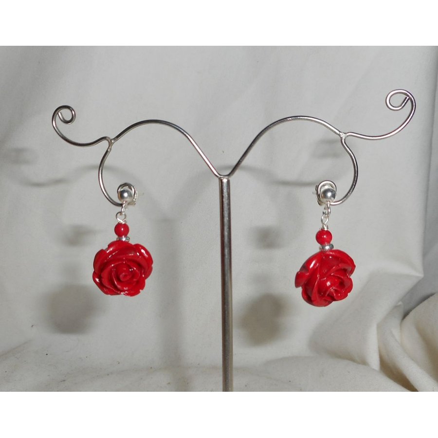 Brincos com rosas vermelhas, prata 925