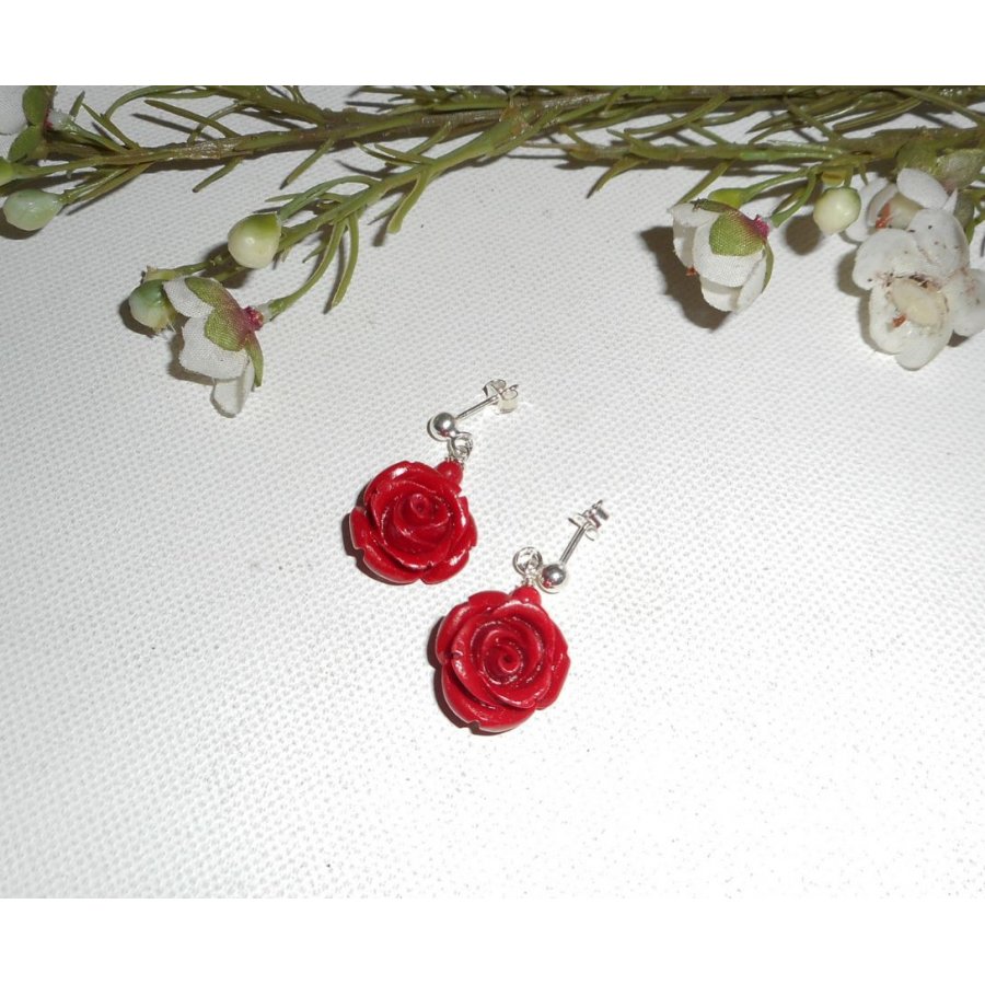 Brincos com rosas vermelhas, prata 925