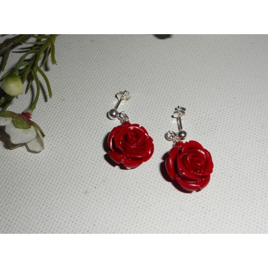 Brincos com rosas vermelhas, prata 925