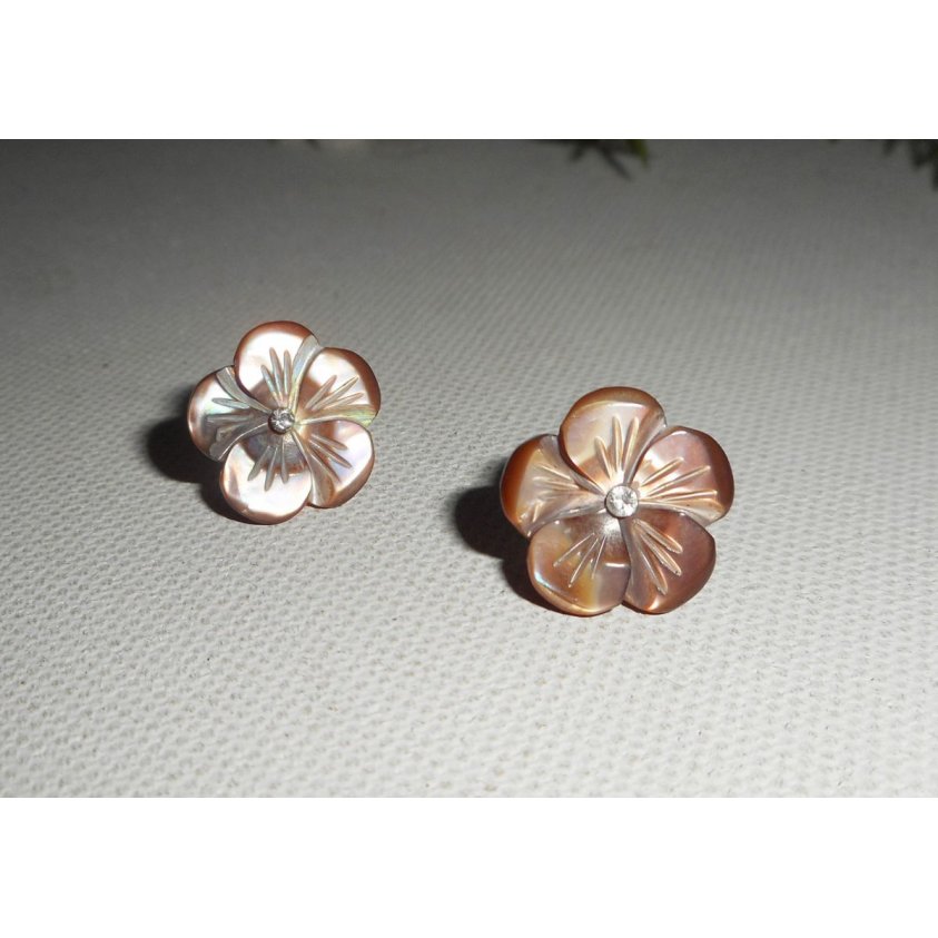 Brincos com flor castanha mãe de pérola, prata 925