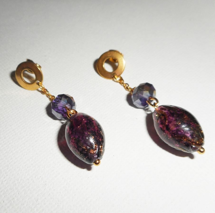 Brincos de vidro Murano e cristal púrpura