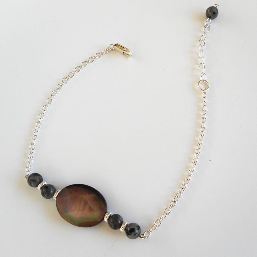 Pulseira de Abalone e labradorite cinzento sobre corrente de prata 925