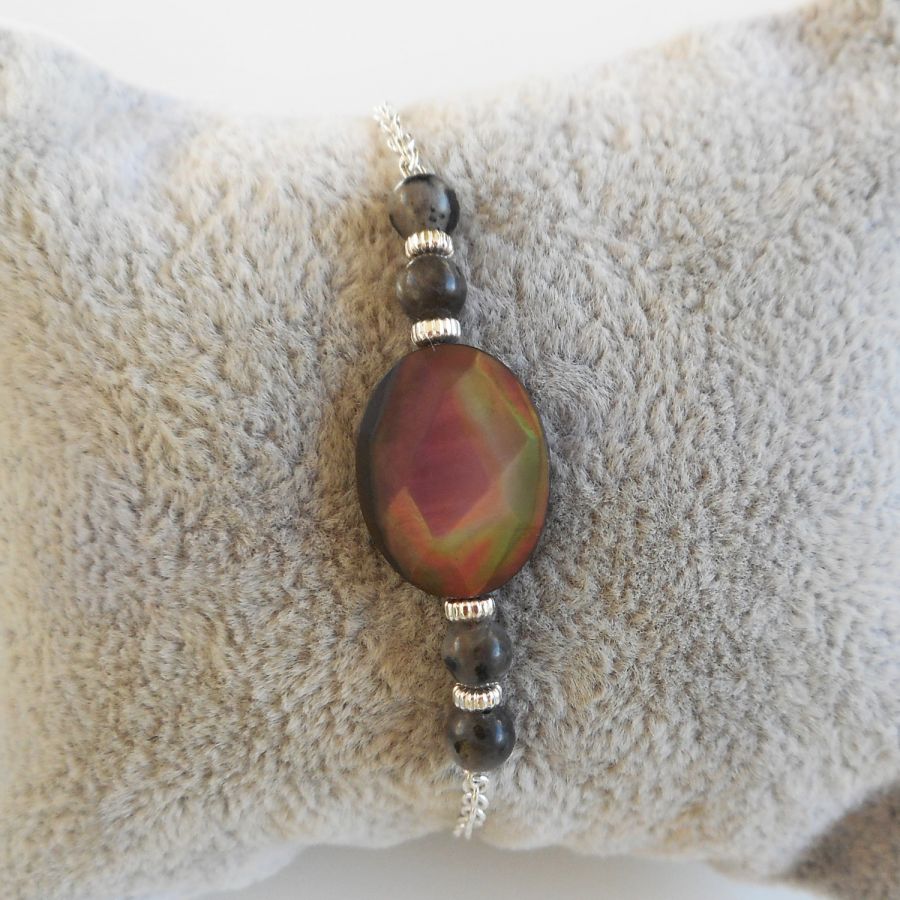 Pulseira de Abalone e labradorite cinzento sobre corrente de prata 925