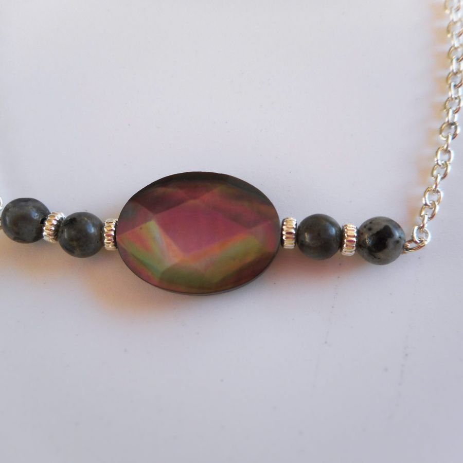 Pulseira de Abalone e labradorite cinzento sobre corrente de prata 925