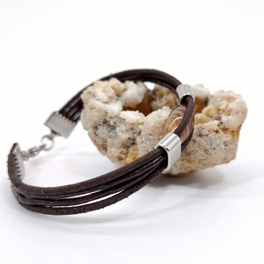 Pulseira de ágata de azeitona em couro castanho para homem