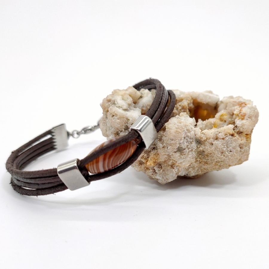 Pulseira de ágata de azeitona em couro castanho para homem