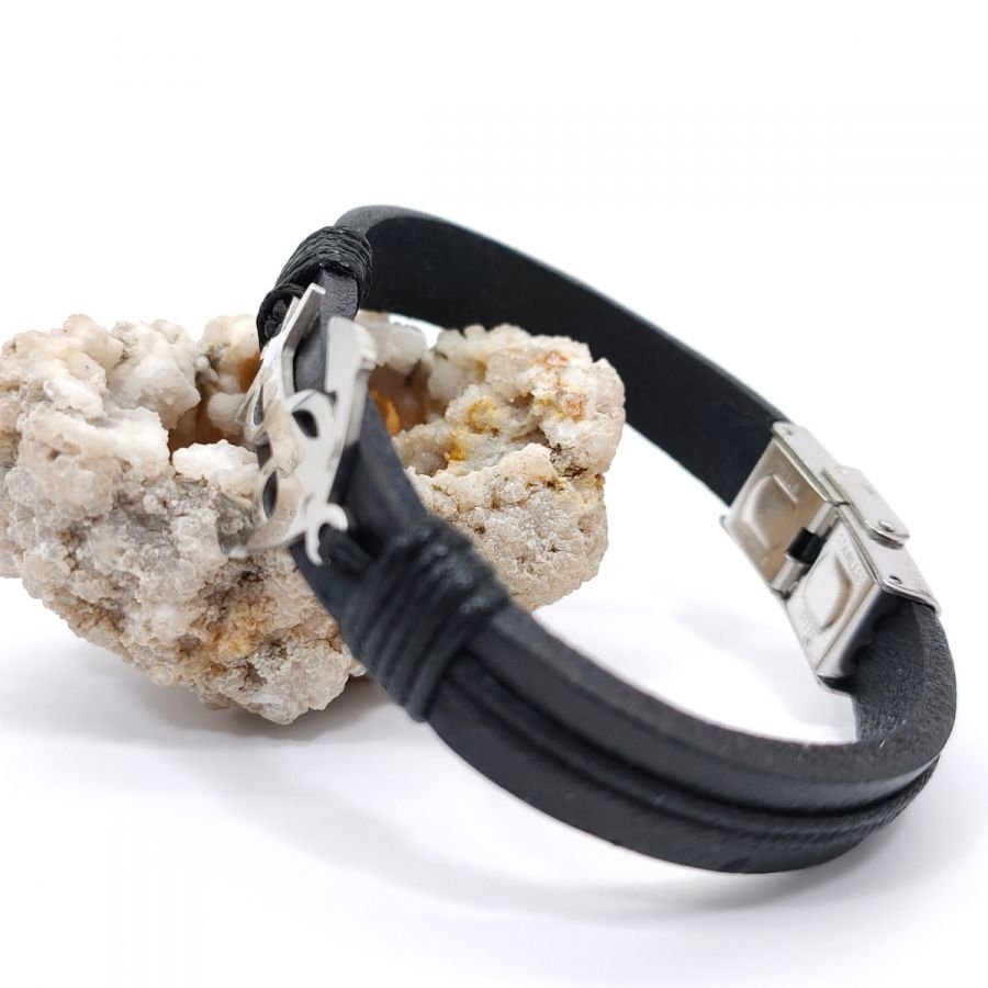 Pulseira de âncora de aço em couro preto