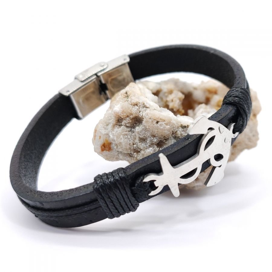 Pulseira de âncora de aço em couro preto