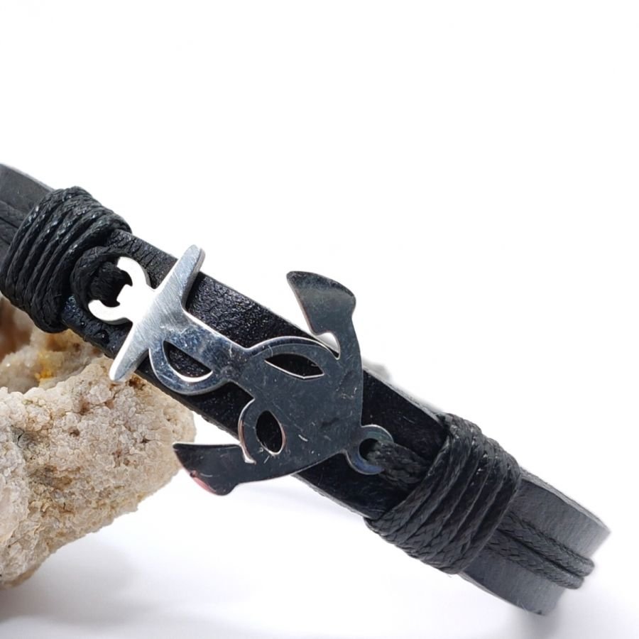 Pulseira de âncora de aço em couro preto