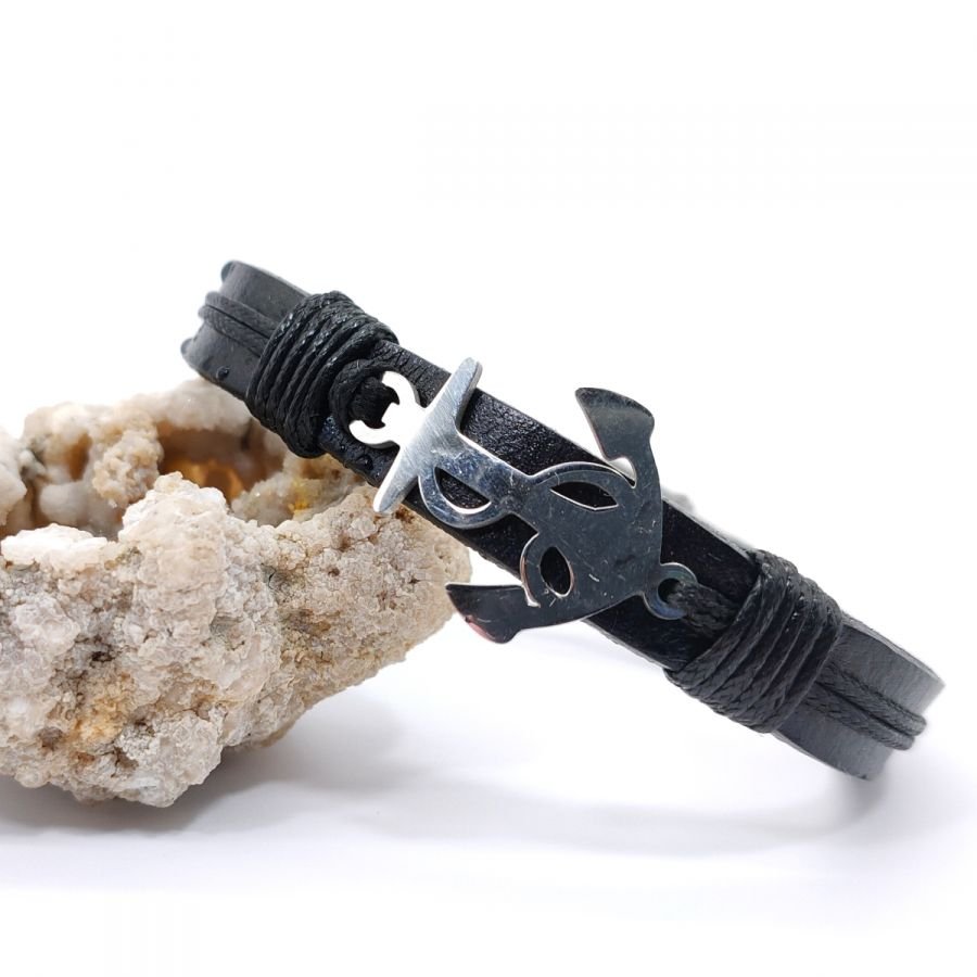Pulseira de âncora de aço em couro preto