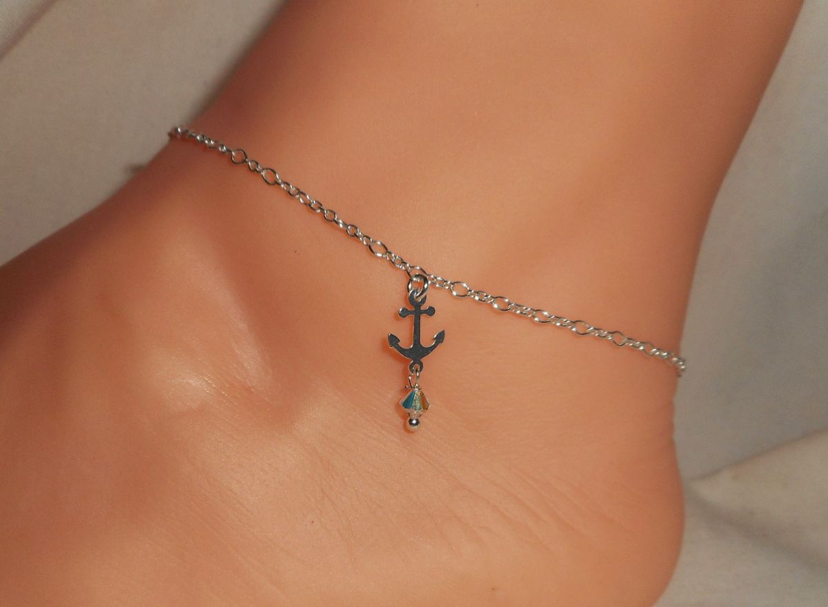 Pulseira de âncora/corrente de âncora com âncora de cristal e topo giratório em corrente de prata 925