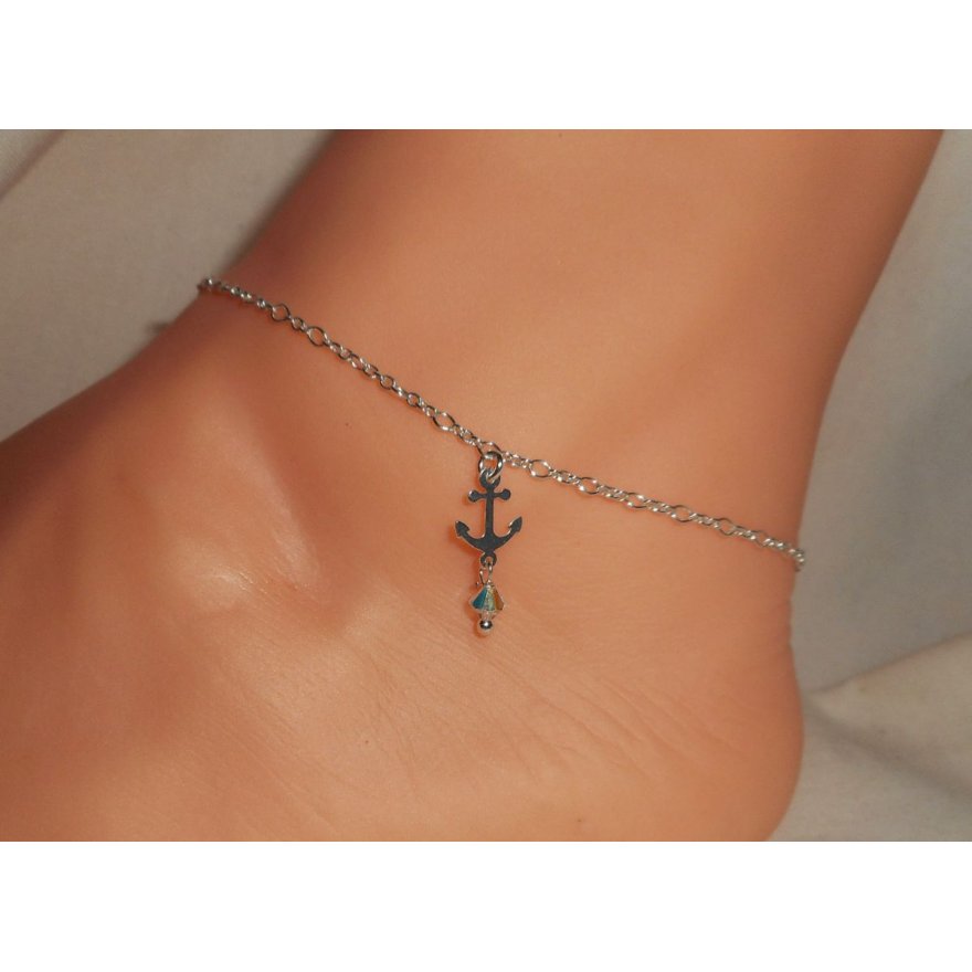 Pulseira de âncora/corrente de âncora com âncora de cristal e topo giratório em corrente de prata 925