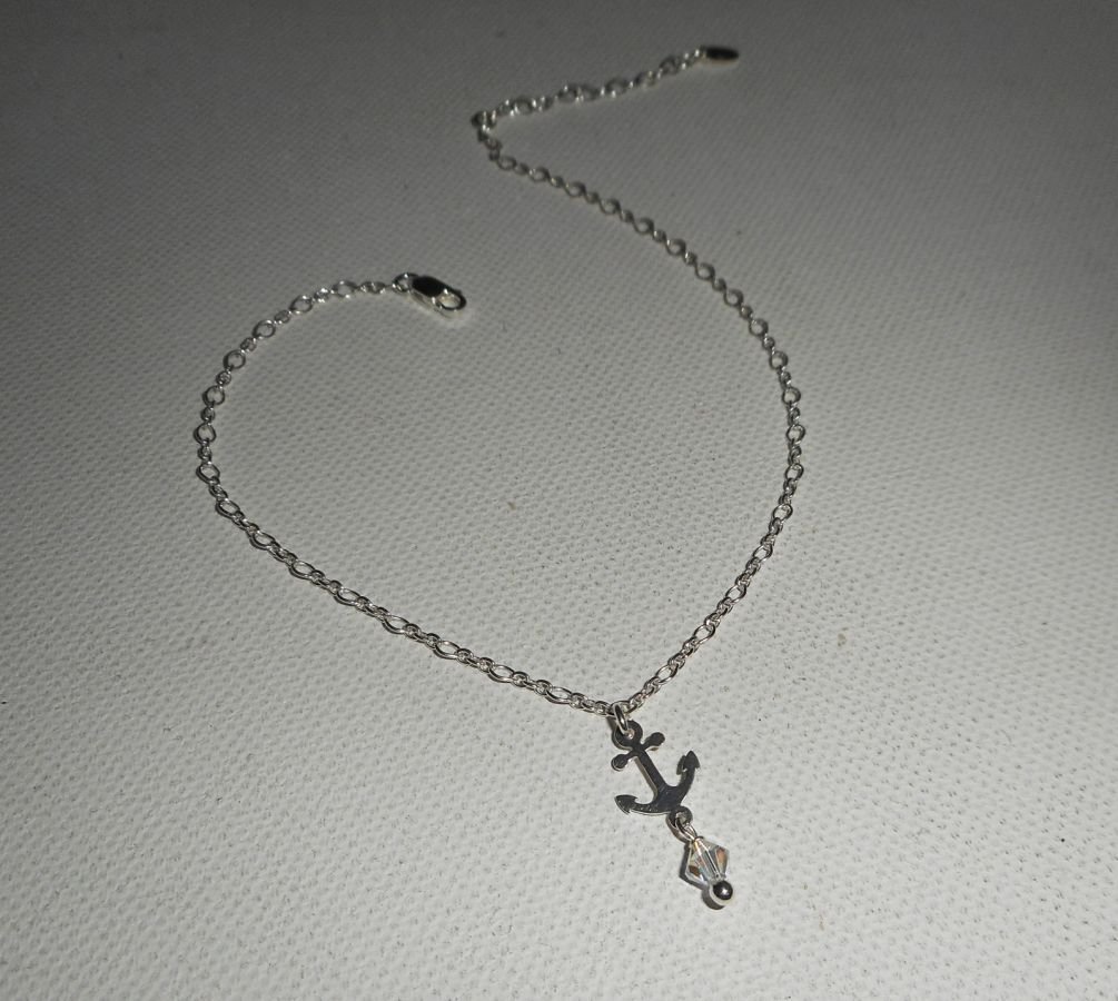 Pulseira de âncora/corrente de âncora com âncora de cristal e topo giratório em corrente de prata 925